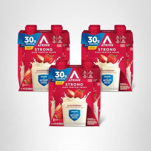 Atkins Strong Strawberry bottle on desk as a convenient daily snack.