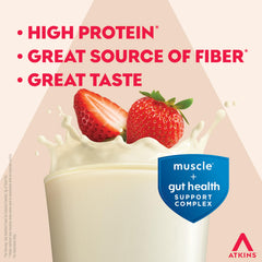 Atkins Strong Strawberry 3-pack carton ready-to-drink for busy days.