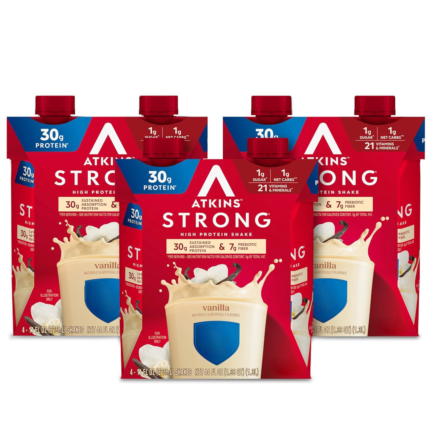 Atkins Strong vanilla shake bottle for quick high-protein meal on the go.