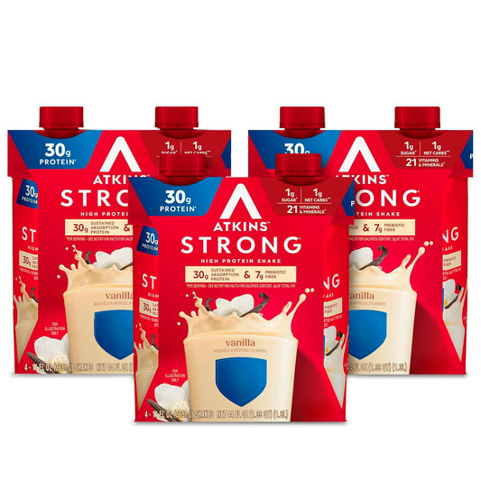 Atkins Strong vanilla shake bottle for quick high-protein meal on the go.