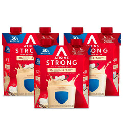 Atkins Strong vanilla shake bottle for quick high-protein meal on the go.
