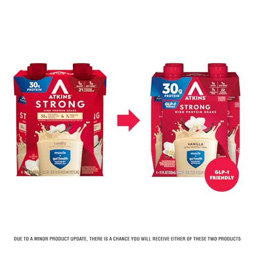 Atkins Strong vanilla label highlights low net carbs and gluten-free formula.