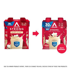 Atkins Strong vanilla label highlights low net carbs and gluten-free formula.