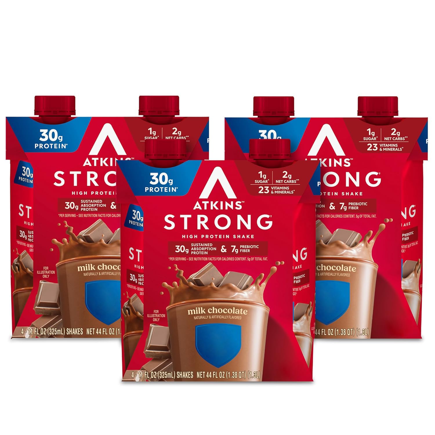 Atkins Strong Milk Chocolate Shake bottle pouring rich protein on the go