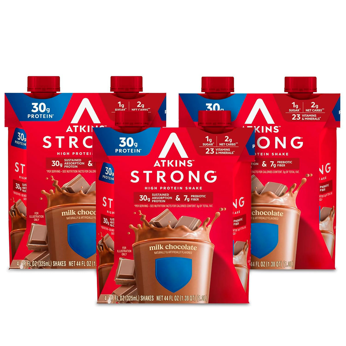 Atkins Strong Milk Chocolate Shake bottle pouring rich protein on the go