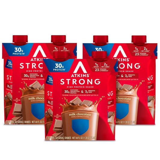 Atkins Strong Milk Chocolate Shake bottle pouring rich protein on the go
