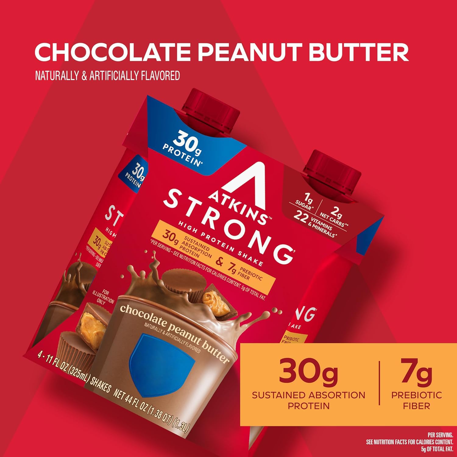 Atkins Strong prebiotic fiber shake—gut-friendly option with 2g net carbs.