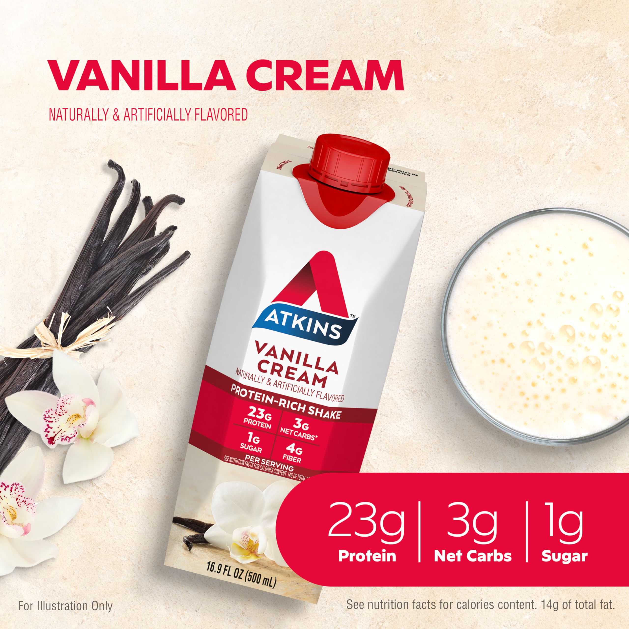 Atkins Vanilla Cream Shake carton side, keto-friendly low net carbs highlighted.