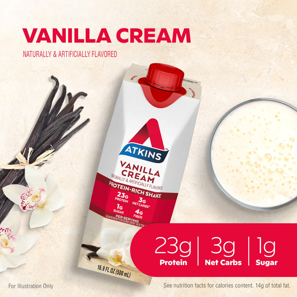 Atkins Vanilla Cream Shake carton side, keto-friendly low net carbs highlighted.