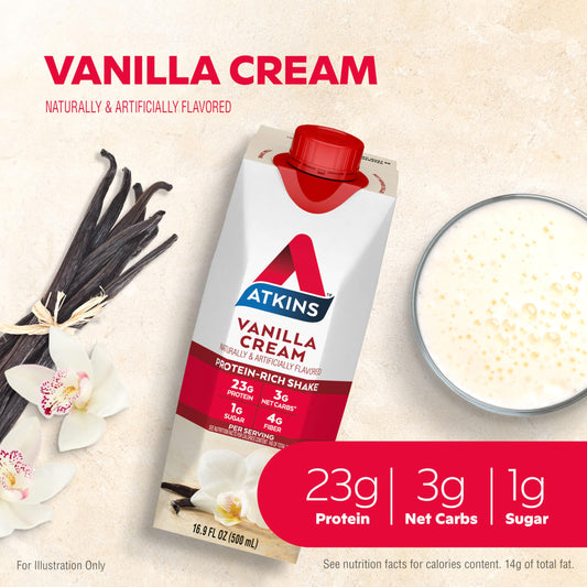 Atkins Vanilla Cream Shake carton side, keto-friendly low net carbs highlighted.