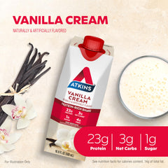 Atkins Vanilla Cream Shake carton side, keto-friendly low net carbs highlighted.