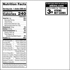 Atkins Vanilla Cream Shake nutrition label, low sugar and gluten-free formulation.