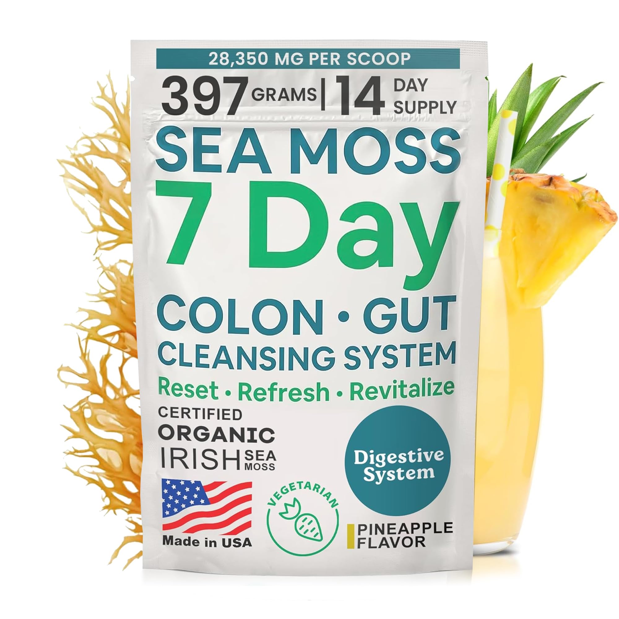 Atlantic Naturals Sea Moss 7-Colon Cleanse bottle shows pineapple-flavored daily wellness support.