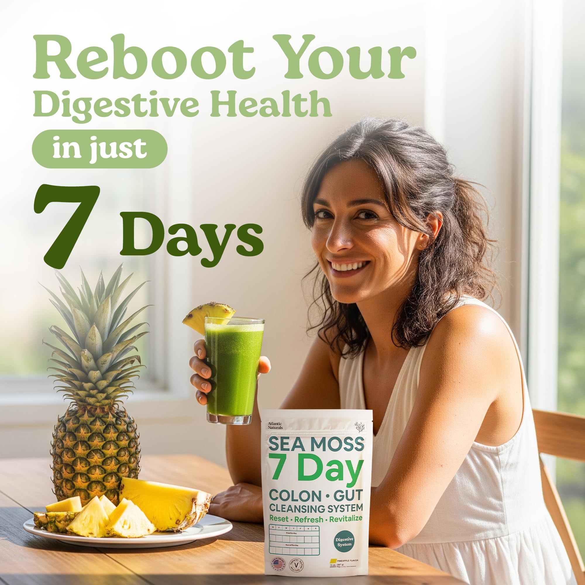 Atlantic Naturals Sea Moss 7-Colon Cleanse ready-to-drink pineapple blend in a glass.