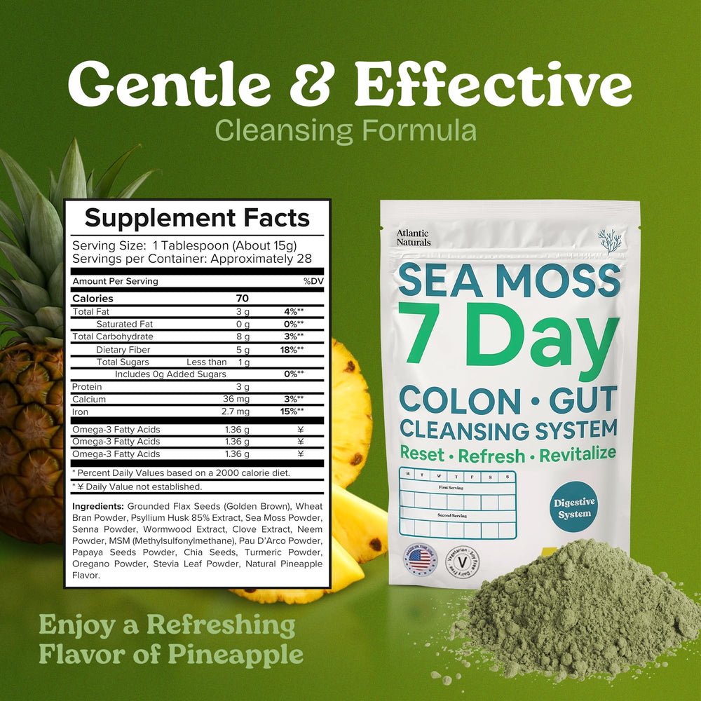 Atlantic Naturals Sea Moss 7-Colon Cleanse pineapple drink in a glass, refreshing and tasty.