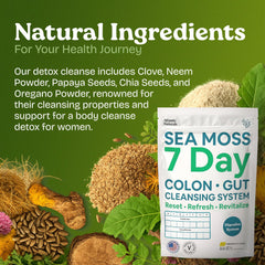 Atlantic Naturals Sea Moss 7-Colon Cleanse powder texture close-up, premium fiber blend.