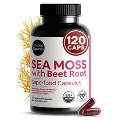Atlantic Naturals Sea Moss with Beet Root capsules bottle supports daily wellness and immune function.