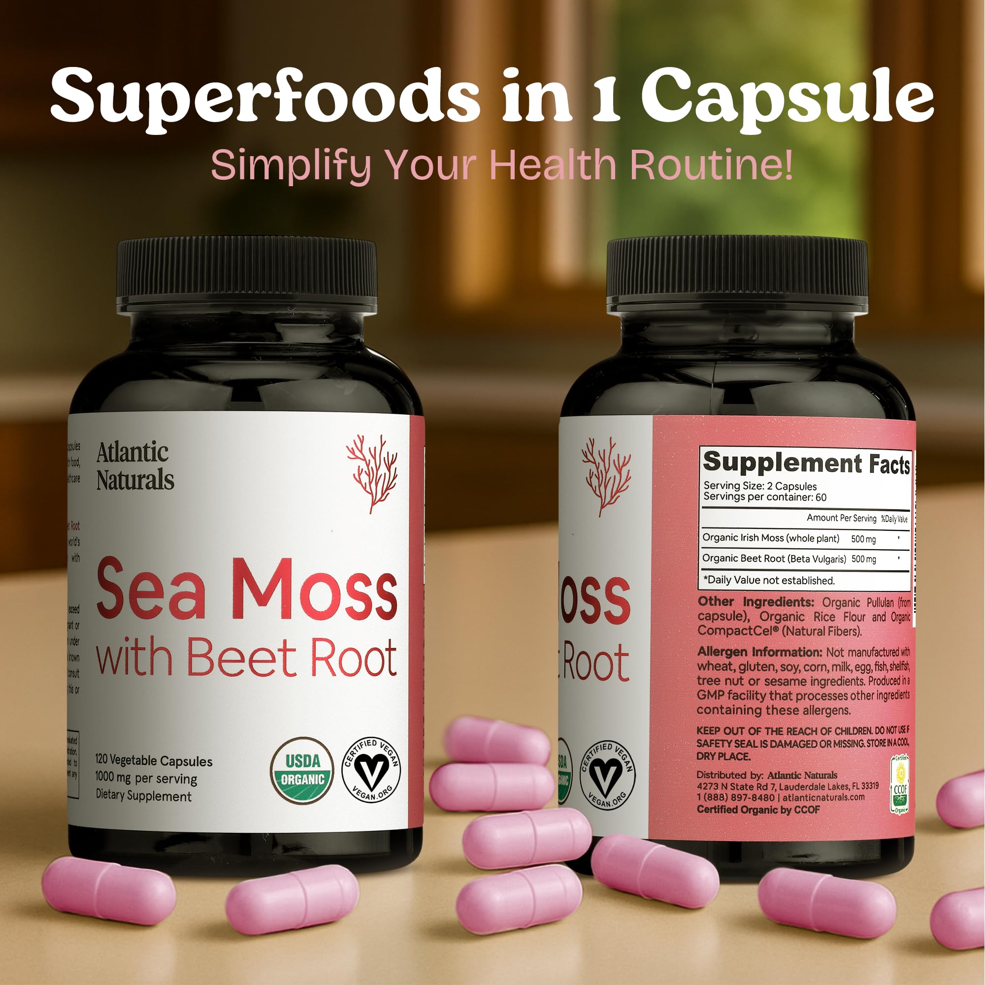 Atlantic Naturals Sea Moss with Beet Root capsules close-up label highlights nutrient-rich seaweed blend.
