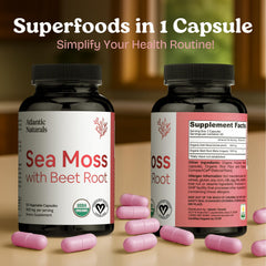 Atlantic Naturals Sea Moss with Beet Root capsules close-up label highlights nutrient-rich seaweed blend.