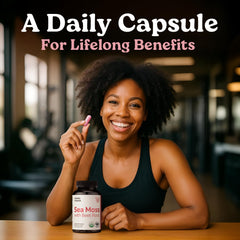 Atlantic Naturals Sea Moss with Beet Root capsules beside a glass to suggest endurance support.