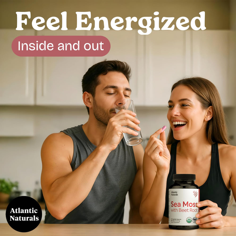 Atlantic Naturals Sea Moss with Beet Root packaging emphasizes premium quality and USA production.