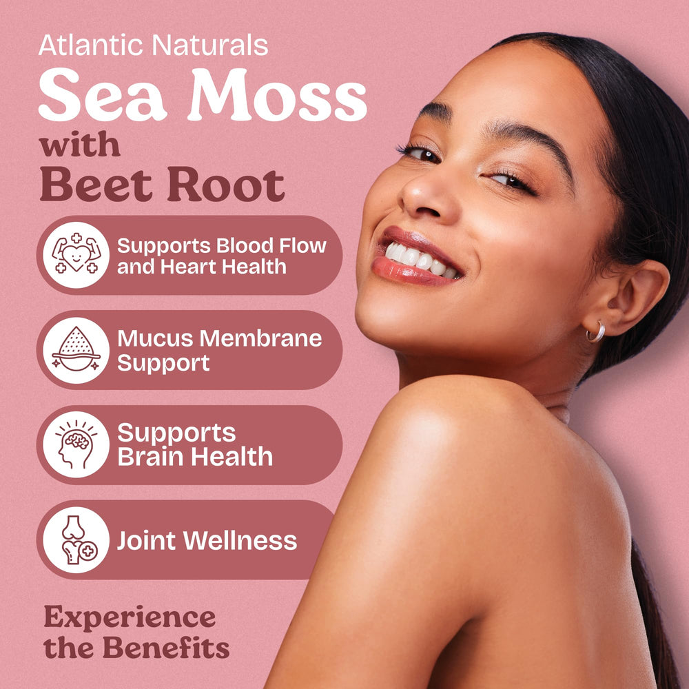 Atlantic Naturals Sea Moss with Beet Root capsules pour shot illustrates easy daily dosing and convenience.