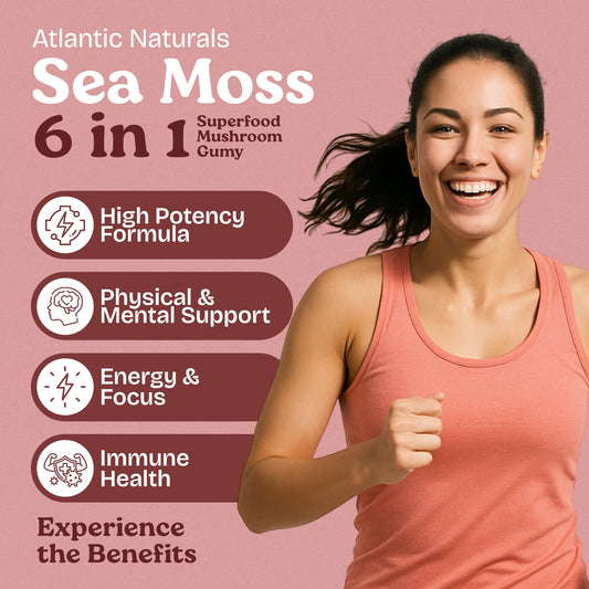 Atlantic Naturals Sea Moss Gummies bottle label highlighting the 6-in-1 blend.