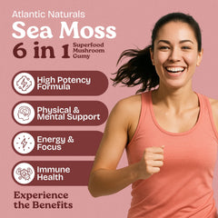 Atlantic Naturals Sea Moss Gummies bottle label highlighting the 6-in-1 blend.