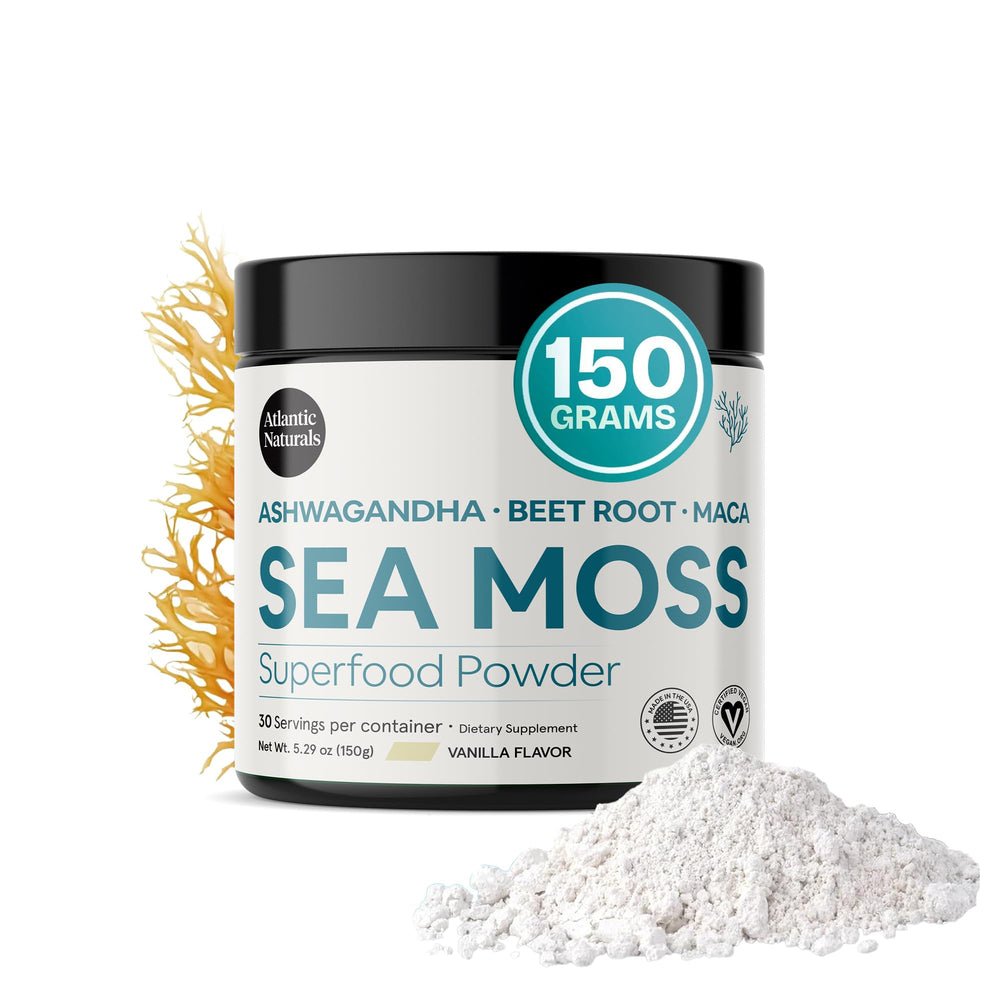 Atlantic Naturals sea moss powder jar with vanilla for radiant skin hydration