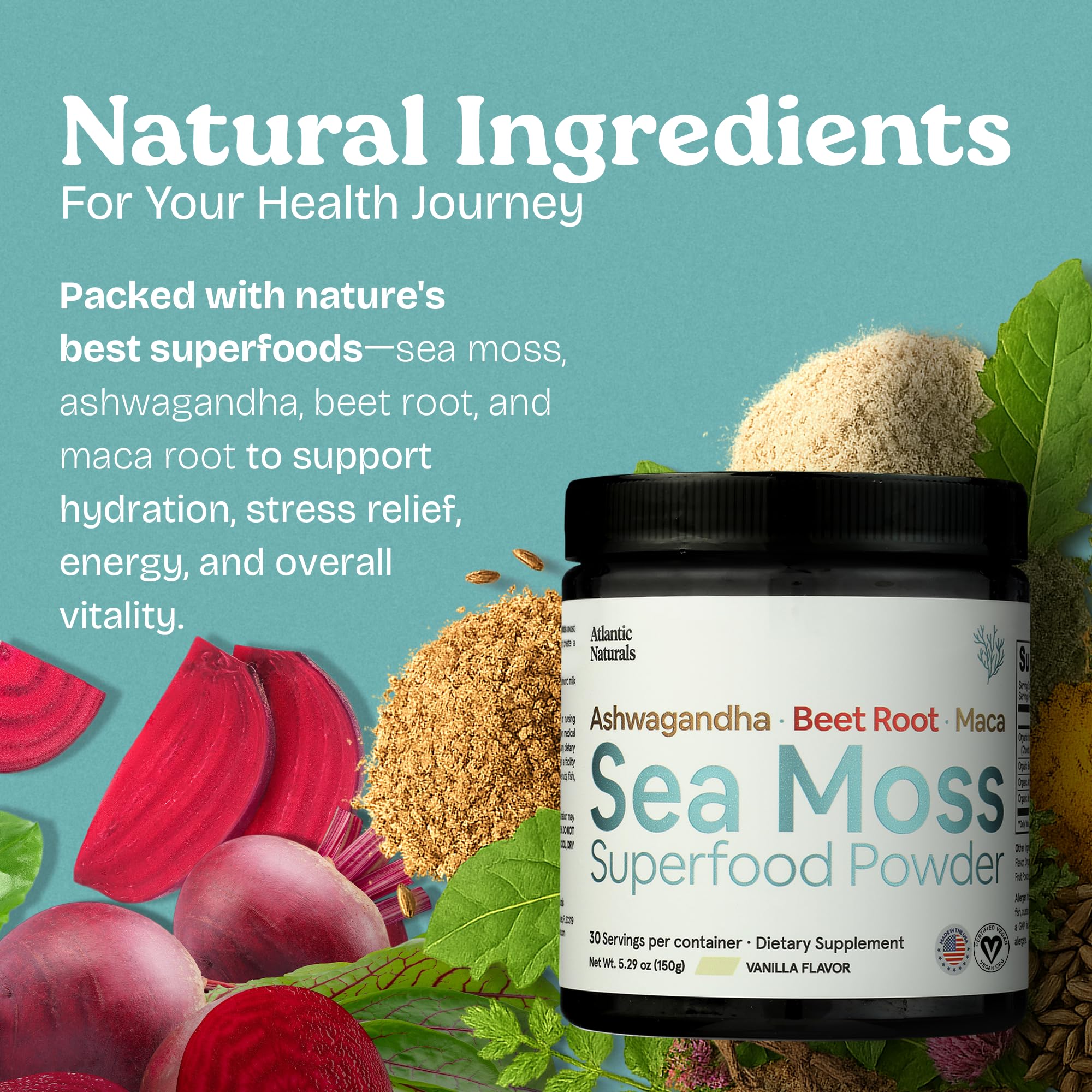 Atlantic Naturals spoon dispensing sea moss powder for easy daily use
