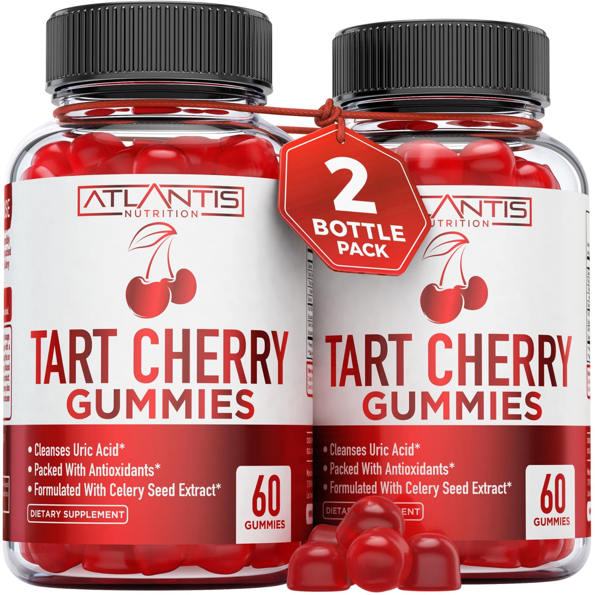 Atlantis Nutrition Tart Cherry Gummies 2-Pack bottle on display for daily antioxidant support.