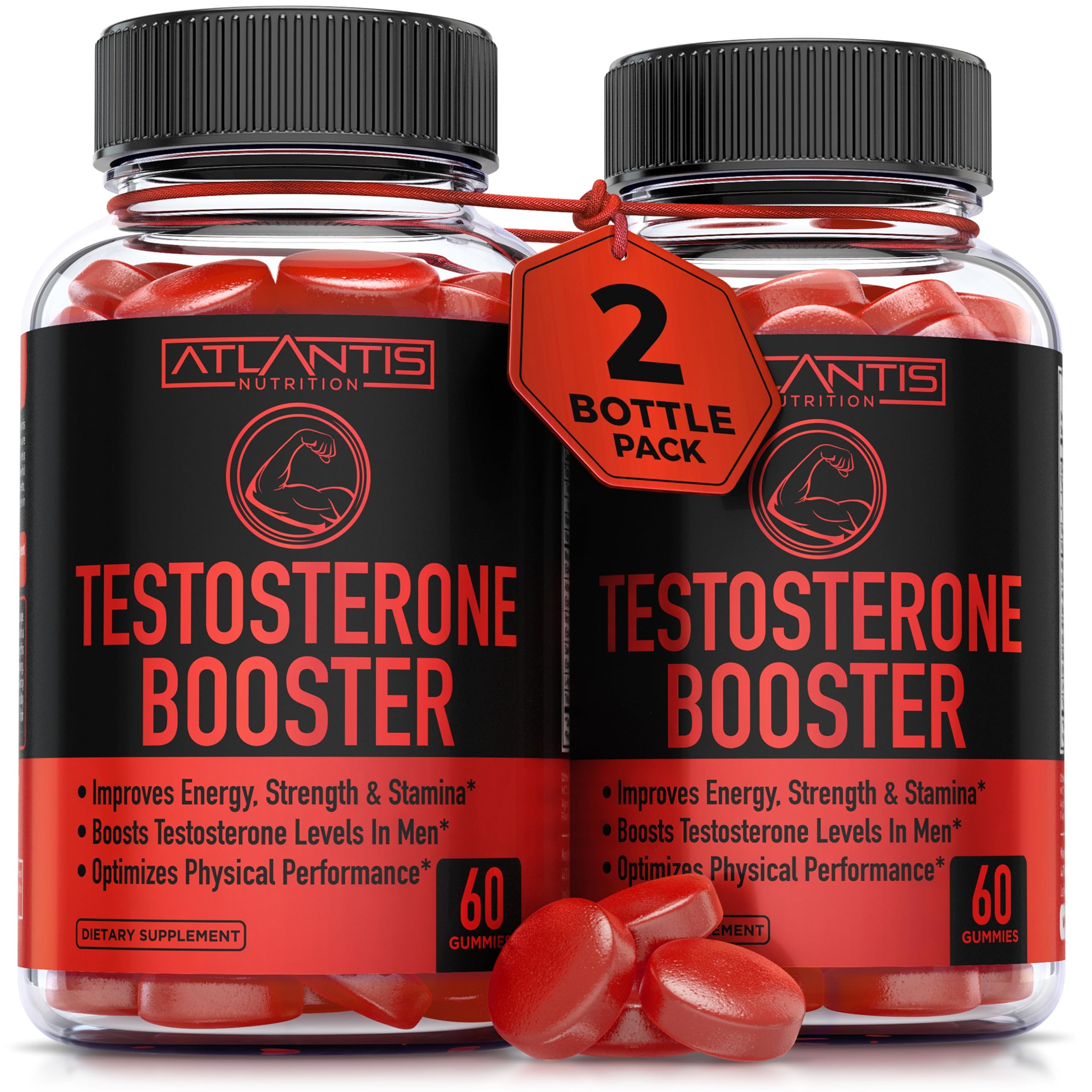 Atlantis Nutrition Testosterone Booster Gummies bottle front for daily vitality support.