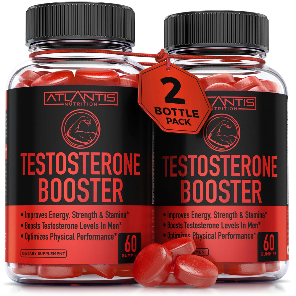 Atlantis Nutrition Testosterone Booster Gummies bottle front for daily vitality support.