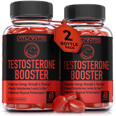 Atlantis Nutrition Testosterone Booster Gummies bottle front for daily vitality support.