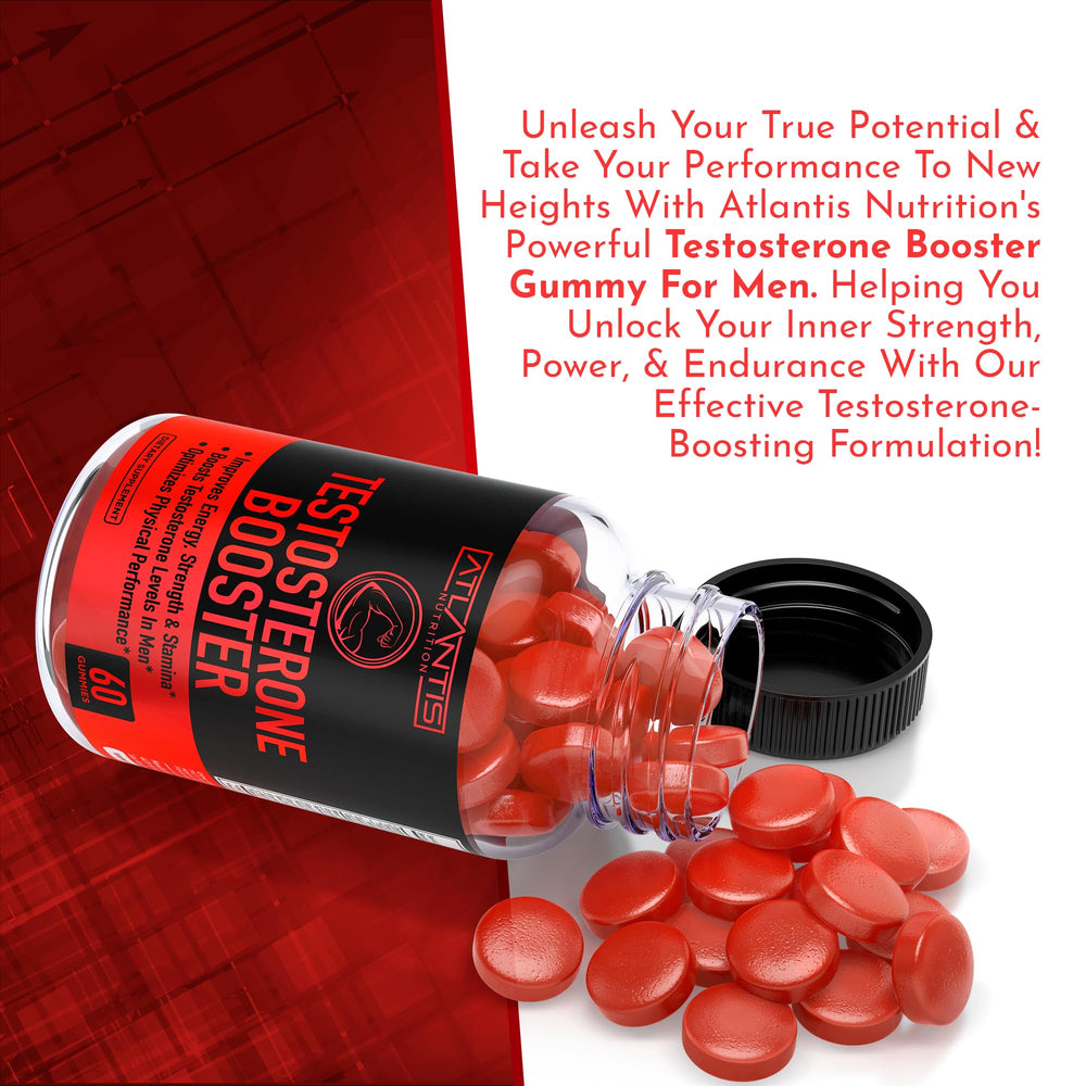 Atlantis Nutrition Testosterone Booster Gummies bottle open shows easy dosing.