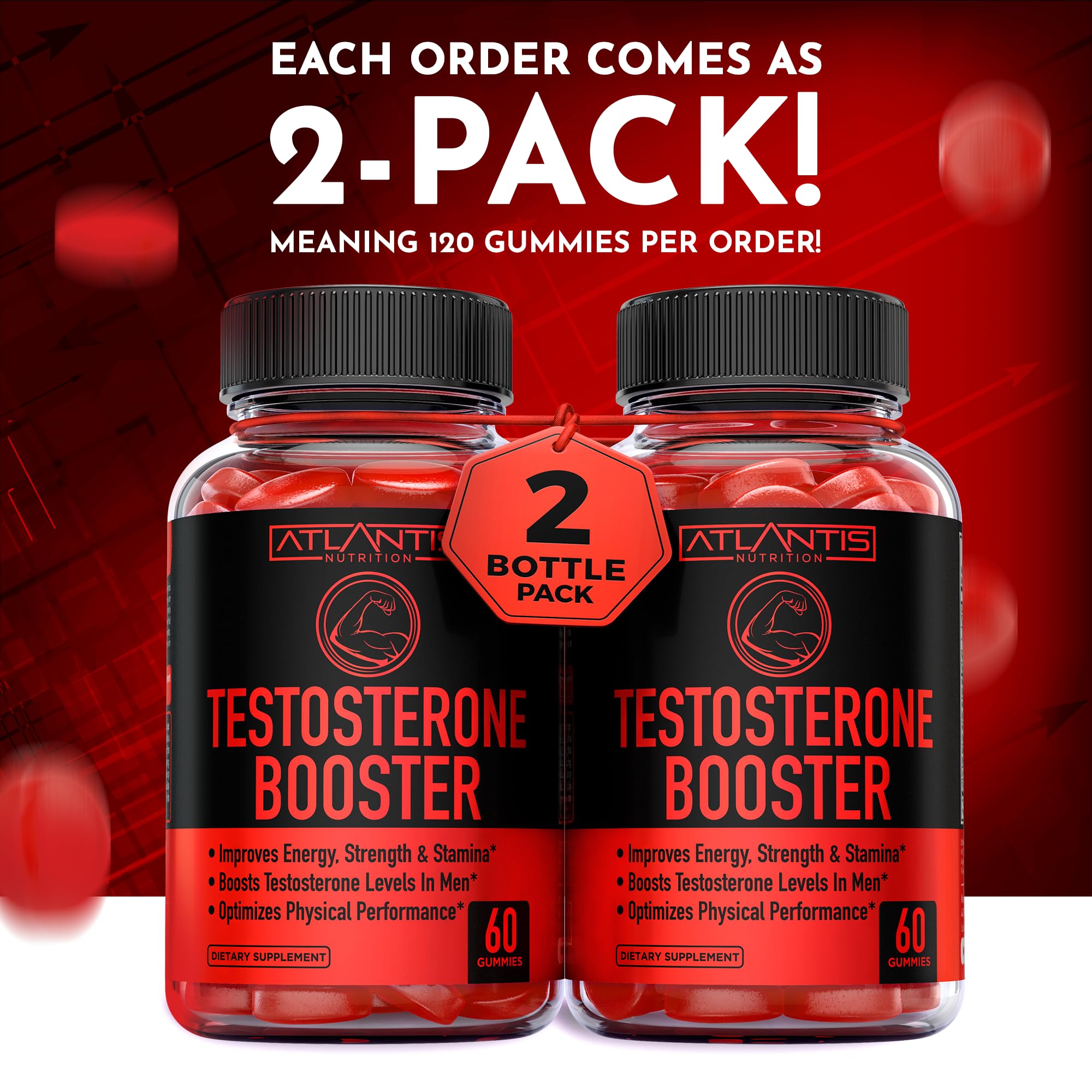 Atlantis Nutrition Testosterone Booster Gummies closeup reveals bright gummies and texture.