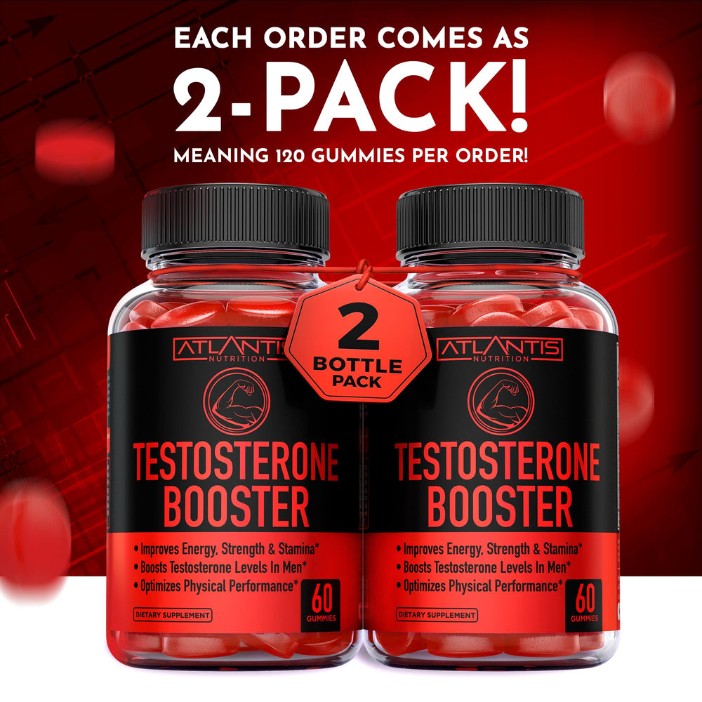 Atlantis Nutrition Testosterone Booster Gummies closeup reveals bright gummies and texture.