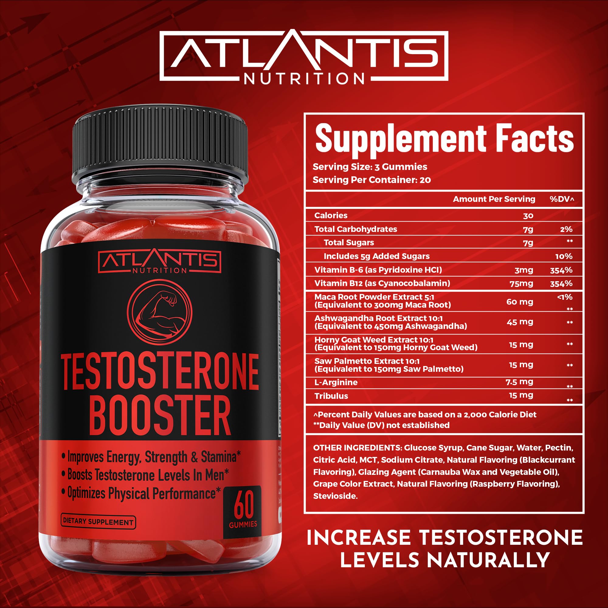 Atlantis Nutrition Testosterone Booster Gummies serving image indicates a simple daily dose.