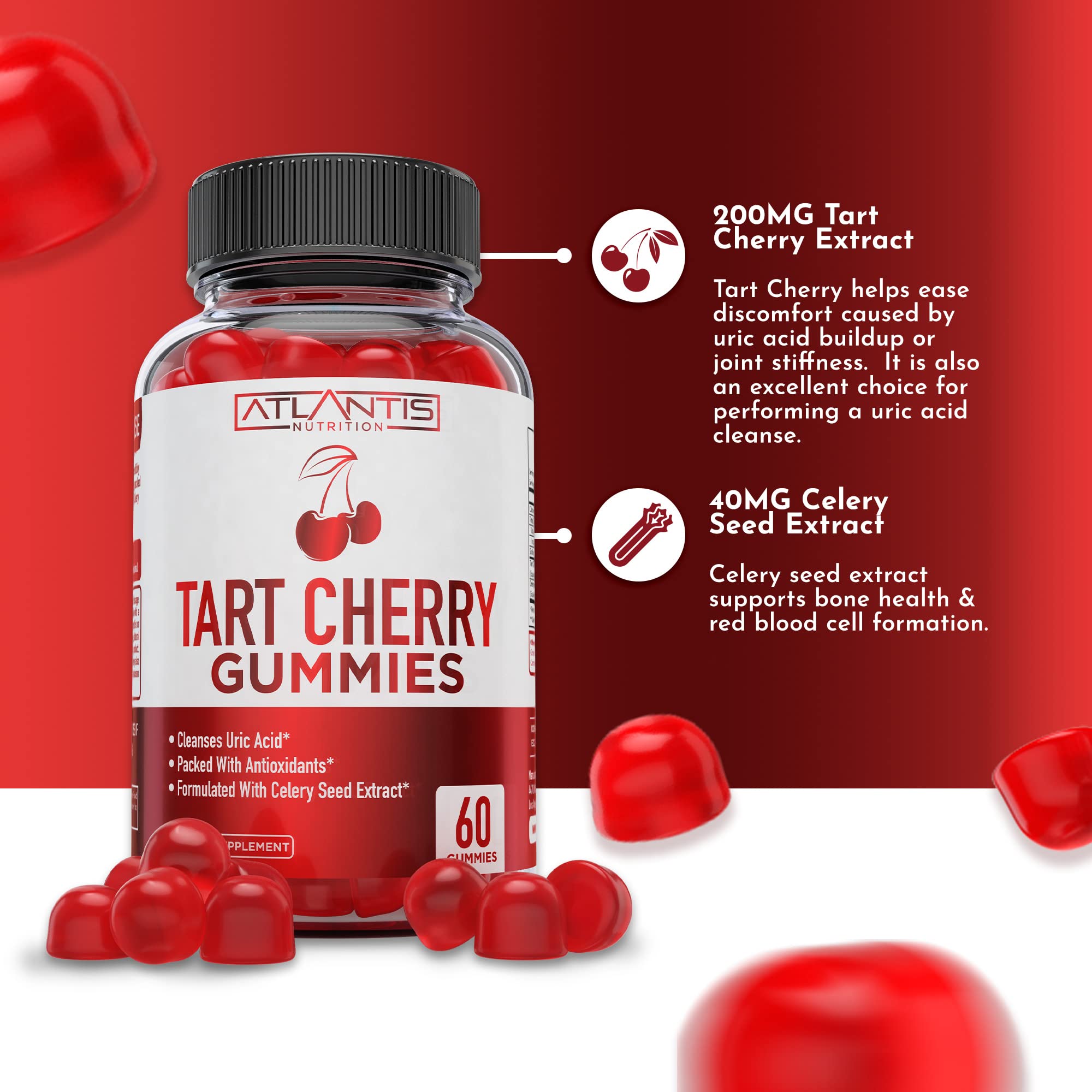 Atlantis Nutrition Tart Cherry Gummies concept image suggesting uric acid cleanse support.