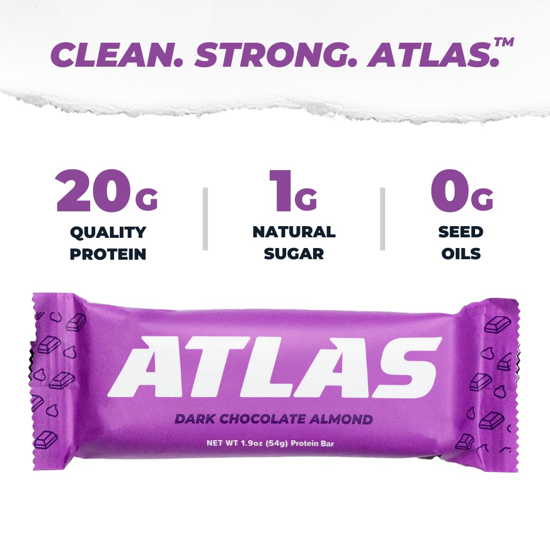 Cross-section of Atlas Bar reveals 20g protein and 1g sugar per bar.