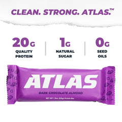 Cross-section of Atlas Bar reveals 20g protein and 1g sugar per bar.