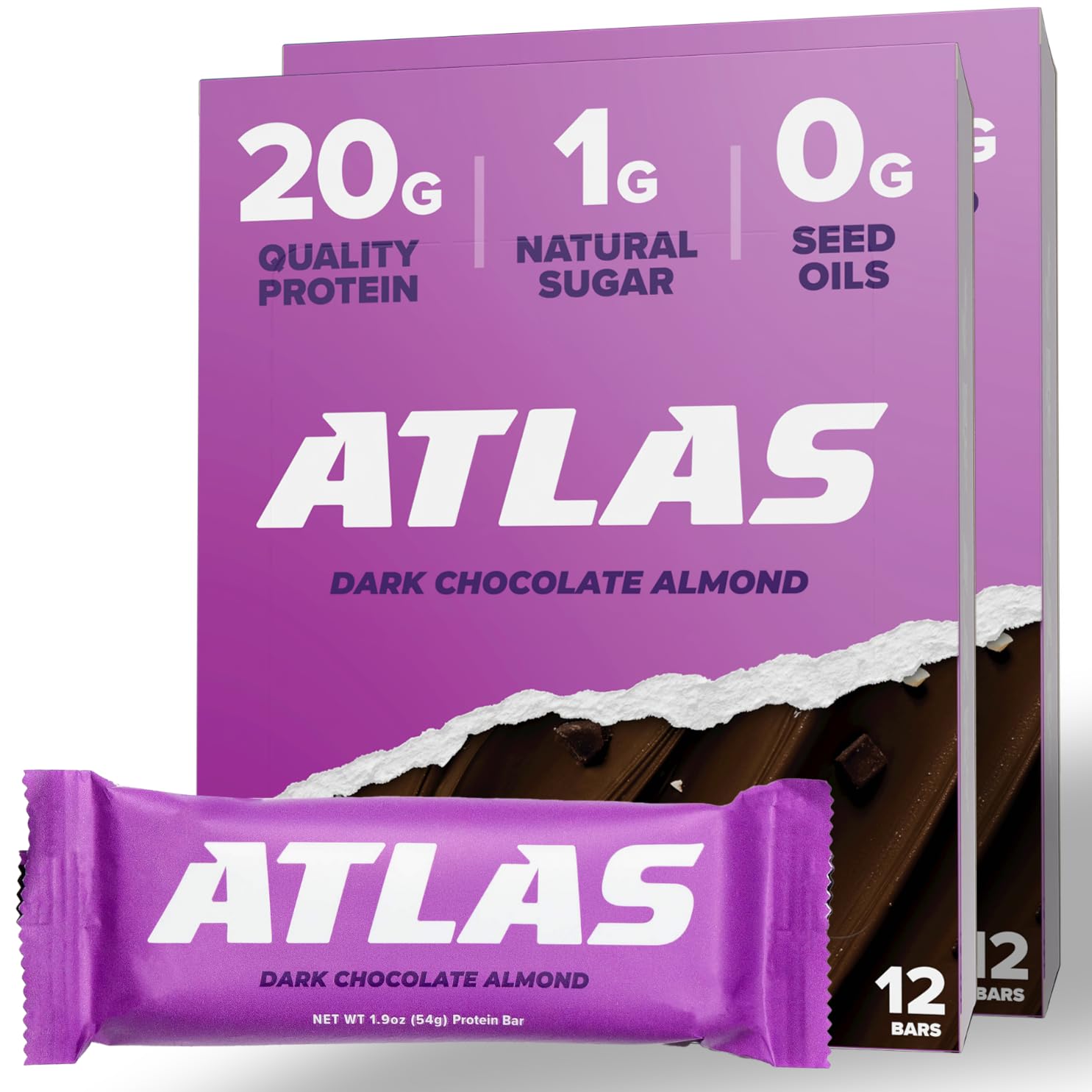 Atlas Bar dark chocolate almond wrapper showing a convenient, protein-packed snack for on-the-go use.