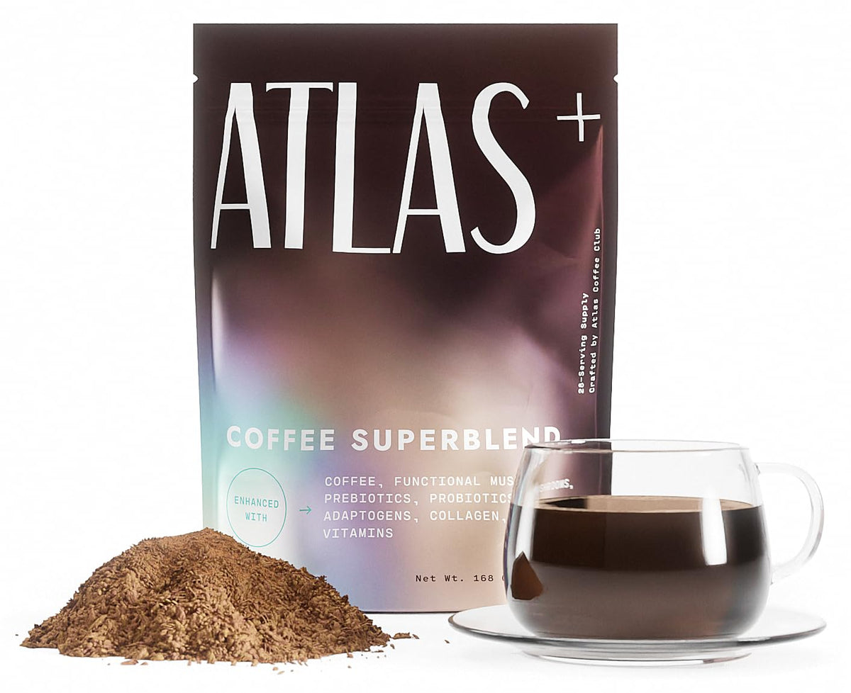 Atlas Coffee Club Atlas+ Superblend bag front showing premium mushroom coffee blend for energy.