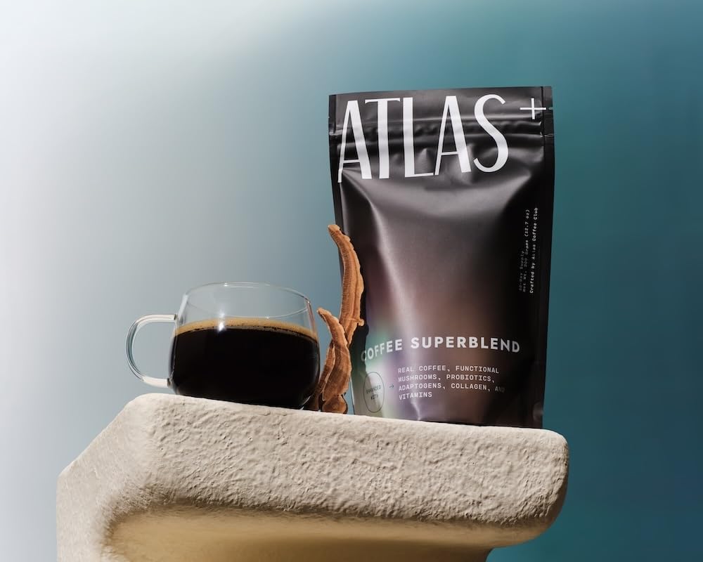 Atlas Coffee Club Atlas+ Superblend prepared cup with steam inviting energy.