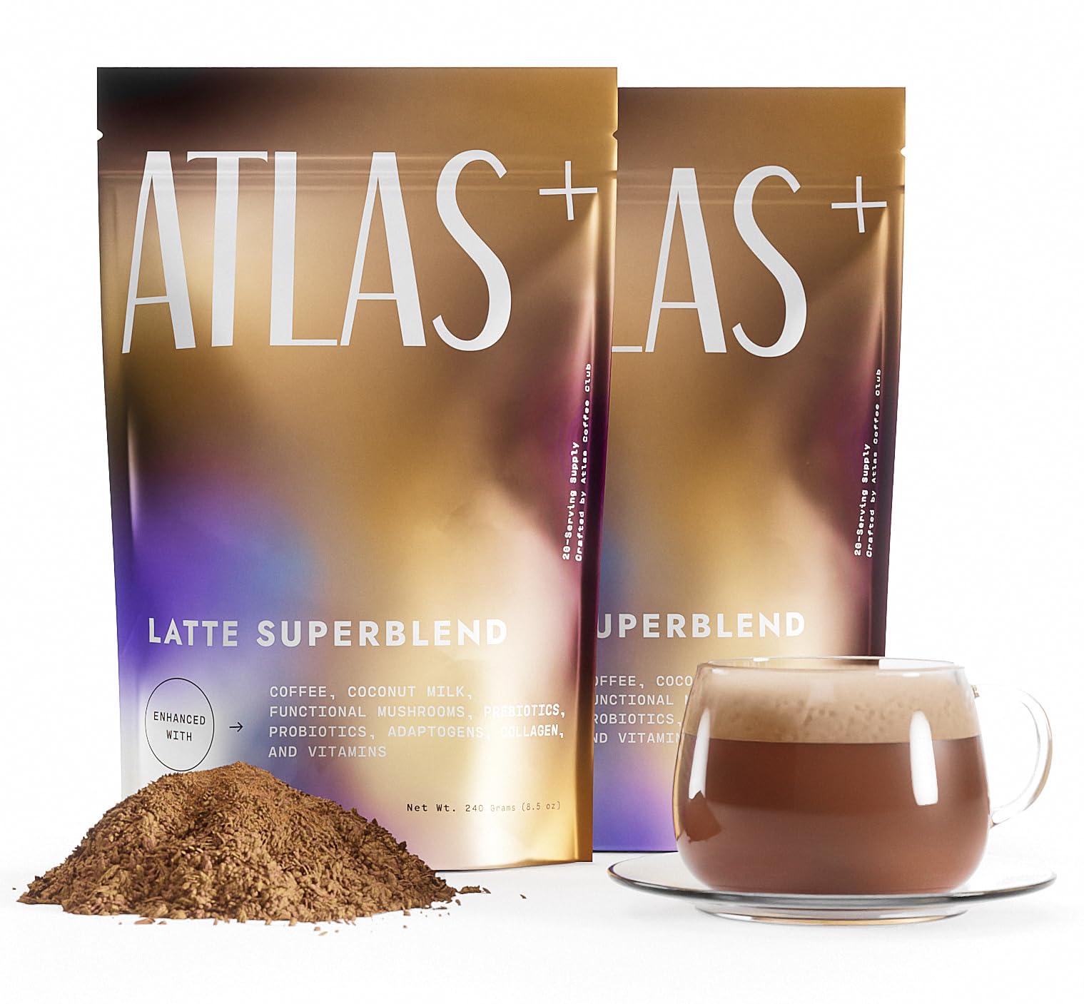 Atlas Coffee Club Latte Superblend cup steaming showing creamy aroma and energy
