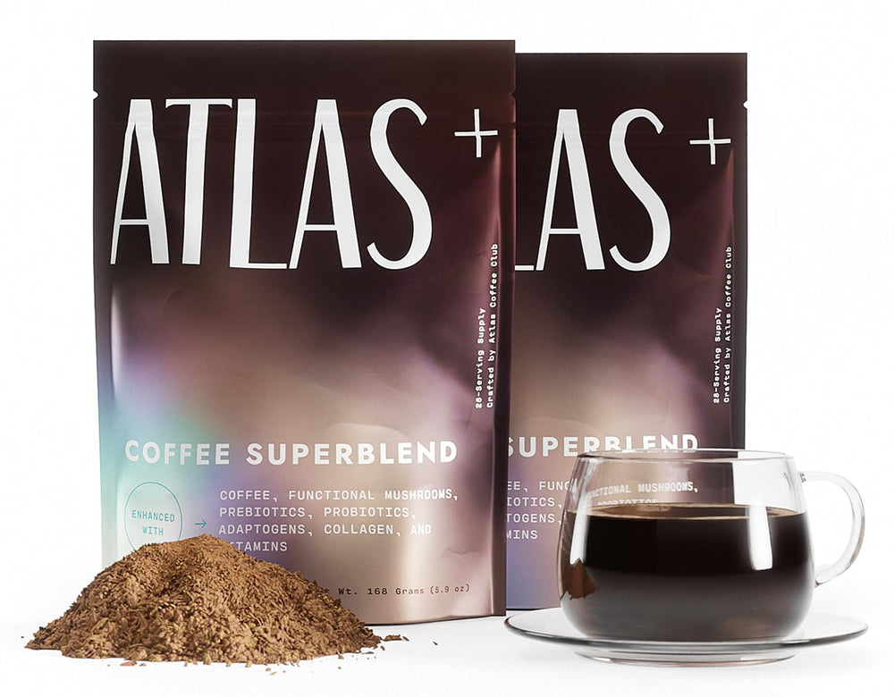 Atlas Coffee Club Atlas+ Superblend bottle and pour for an energizing morning ritual.