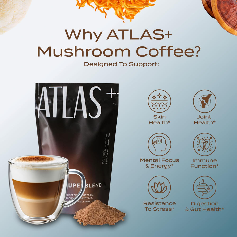 Close-up of Atlas+ mushroom powder for focus and balance with Lion’s Mane and Reishi.