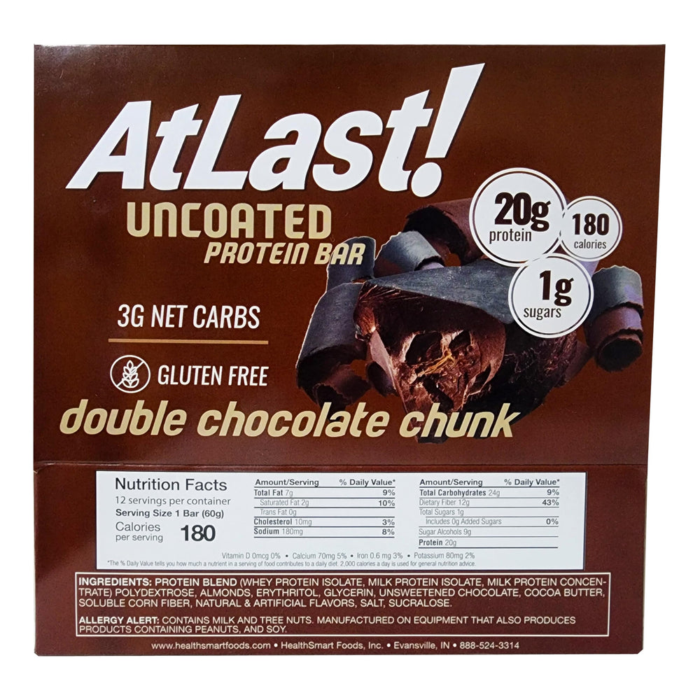 Close-up of chocolate chunks shows rich flavor with no maltitol in AtLast! bar.