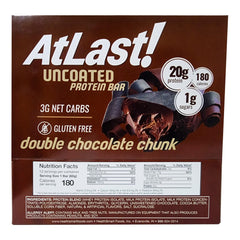 Close-up of chocolate chunks shows rich flavor with no maltitol in AtLast! bar.