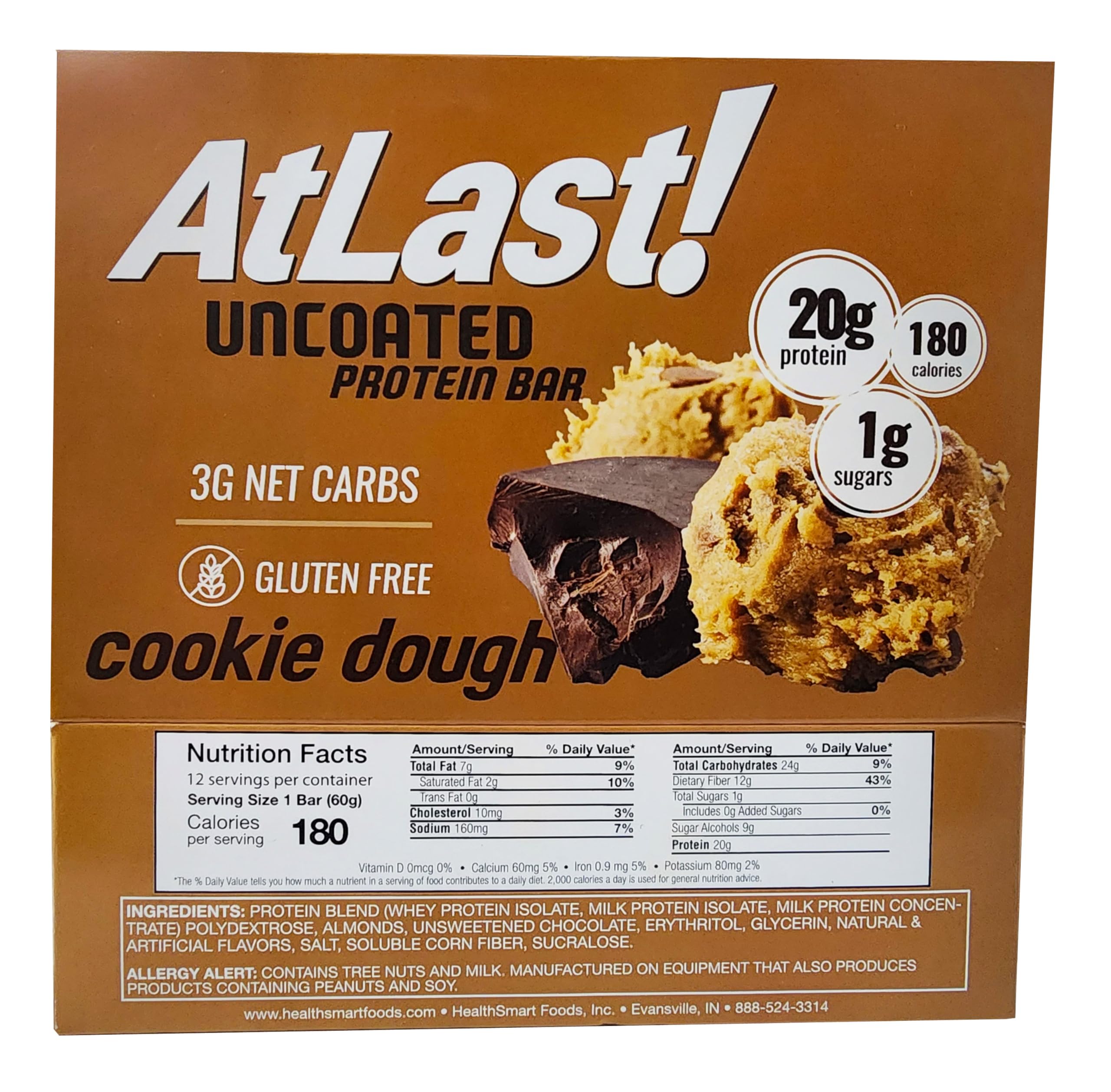 At Last! Cookie Dough Protein Bar closeup emphasizing texture and 20g protein per bar.